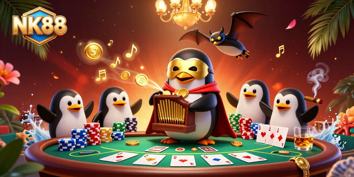 Experience the excitement of NK88, featuring a penguin organist amidst poker action and golden coins.