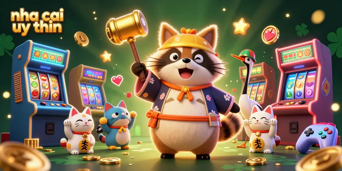 Play and win with nha cai uy tin in this vibrant 3D casino scene featuring a lucky tanuki and arcade thrills.