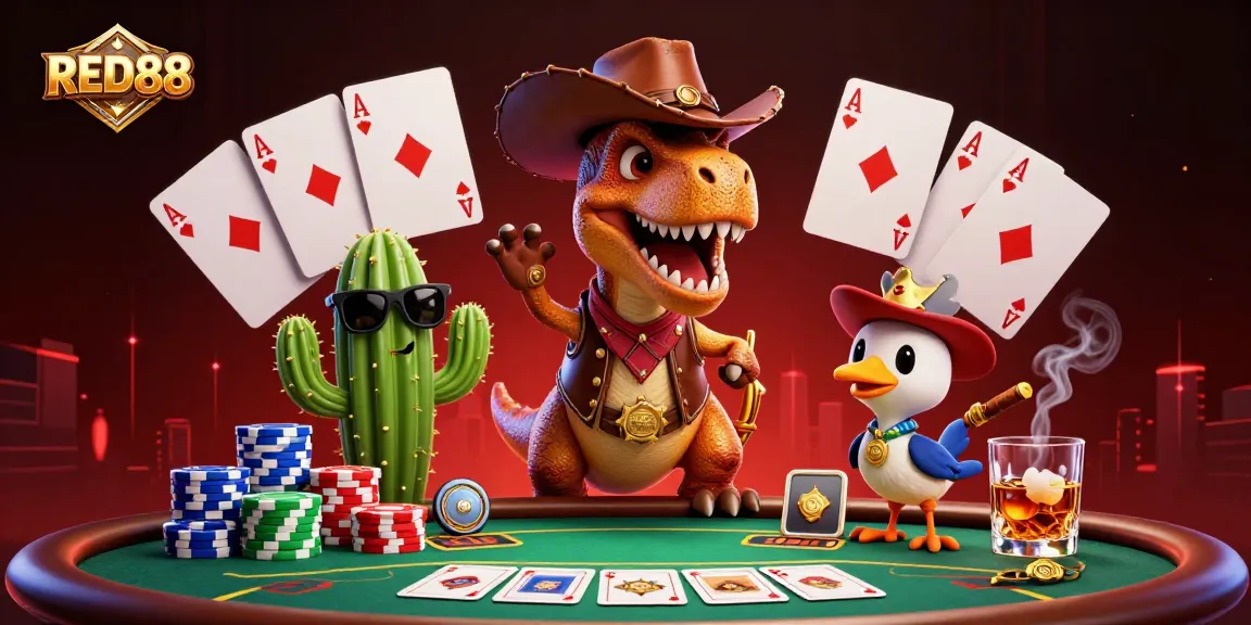 Engage with the vibrant RED88 scene featuring animated characters and a lively poker game atmosphere.