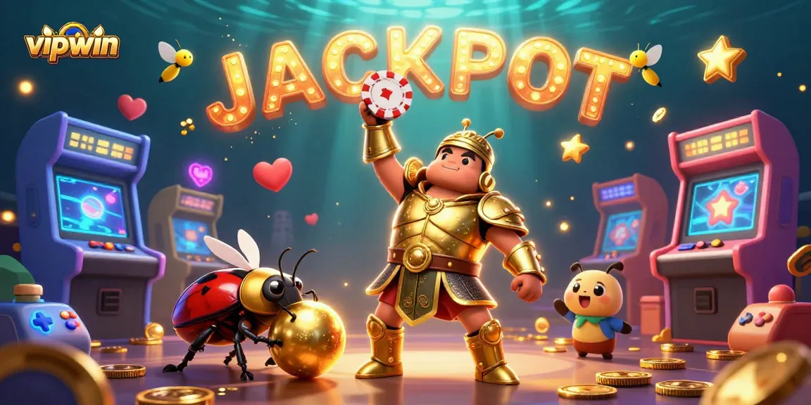Engage in thrilling wins with vipwin's animated jackpot scene featuring a heroic beetle!