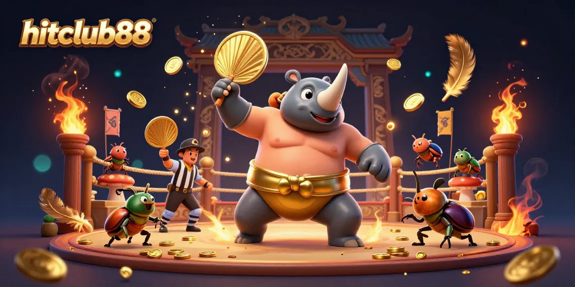 Hitclub88 showcases a vibrant arena with a rhinoceros beetle champion and dynamic casino elements.