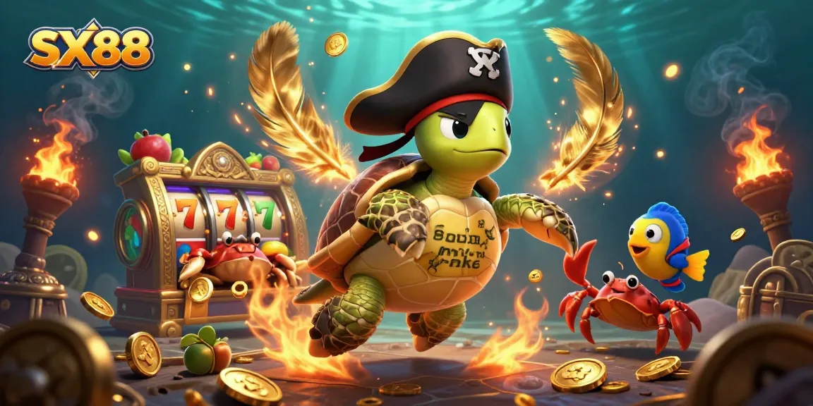 SX88 features an exciting gambling scene with a pirate turtle and treasure, showcasing vibrant casino elements.