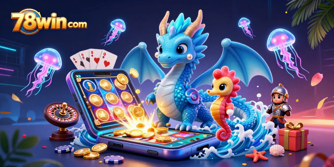 Spin and win at 78win com with an enchanting 3D illustration of a dragon, seahorse knight, and vibrant casino elements.