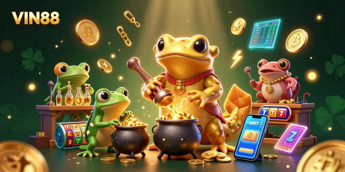 Engage with the enchanting VIN88 fantasy of gold transmutation and crypto elements in a vibrant casino lab.